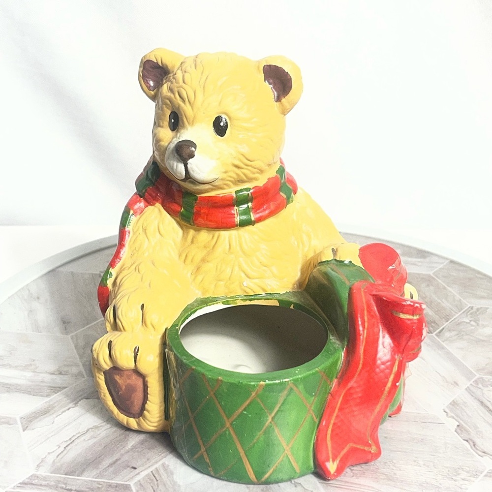 Vintage 1983 Creation House Teddy Bear Planter Candle Holder Christmas Decor